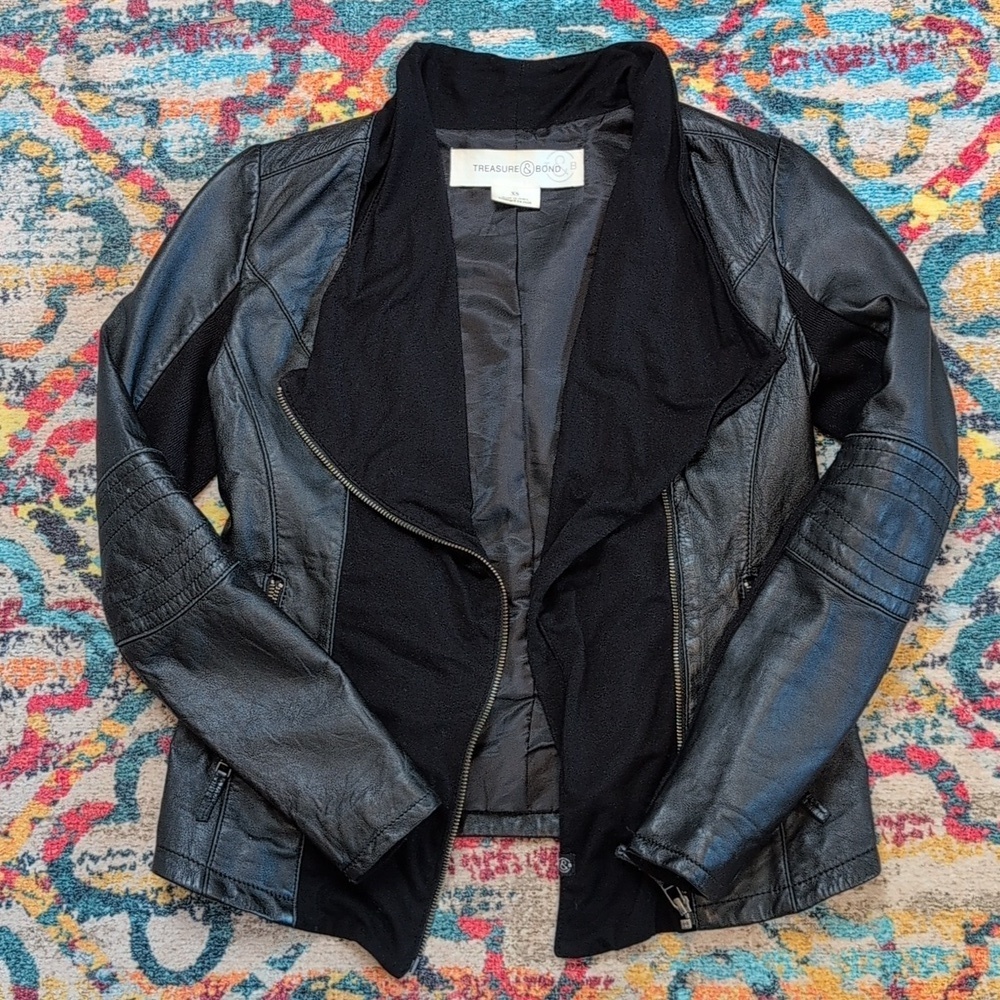 Treasure & Bond XS black real leather moto jacket with fabric front